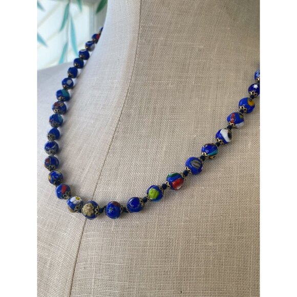Vintage 1950s Italy Millefiori Hand knotted Glass Blue Beaded Necklace - Picture 14 of 16